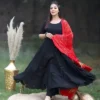 Stylish Rayon Black Solid Half Sleeves Anarkali Kurta with Pant and Printed Dupatta Set