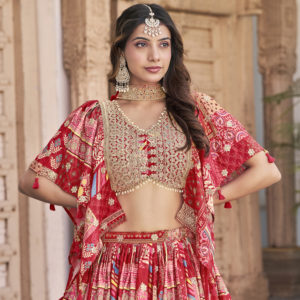 Red Multicolor Printed Embroidered Lehenga Set  7050-Red