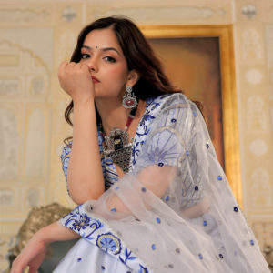 White and Blue Heritage Lehenga Set 17079-White